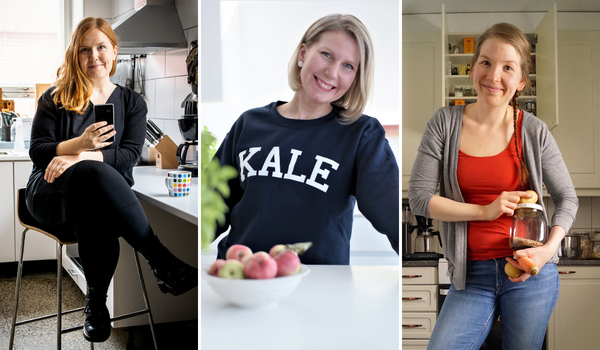 Kuva on kolmen kuvan kollaasi. Vasemmalla on Elina Innanen, joka istuu keittiöjakkaralla. Keskellä on Paula Heinonen, joka seisoo työtason takana. Oikealla on Aino Sihtola, joka seisoo keittiössä avoimen keittiön kaapiston edessä.